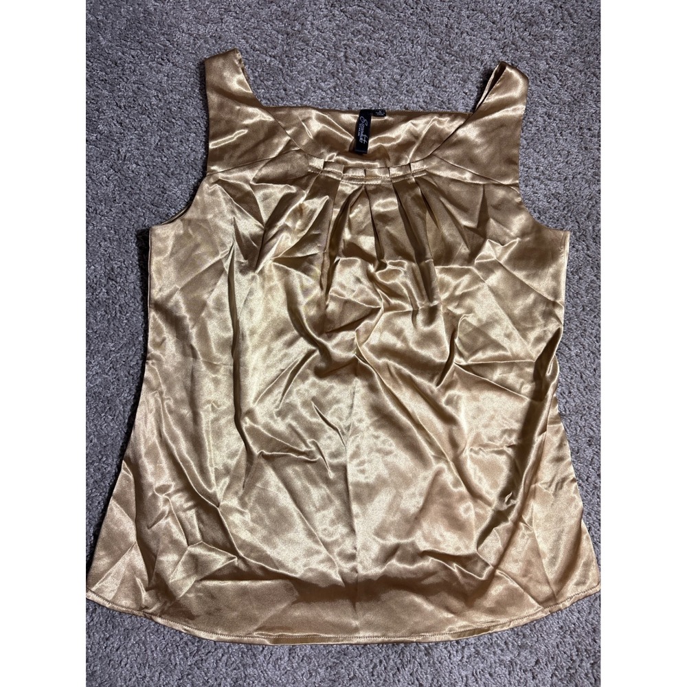 Essentials by Milano Gold Satin Pleated Square Neck Sleeveless Blouse Small